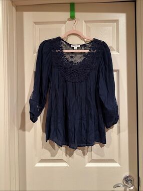Caslon Navy Crochet Yoke Tunic Top